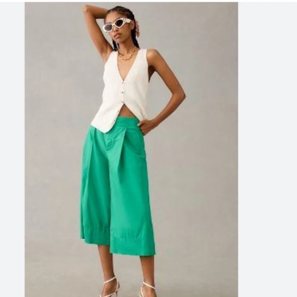 By Anthropologie Green Wide Leg Culotte Pants High Rise Cotton Cropped Size 10 - Picture 2 of 15